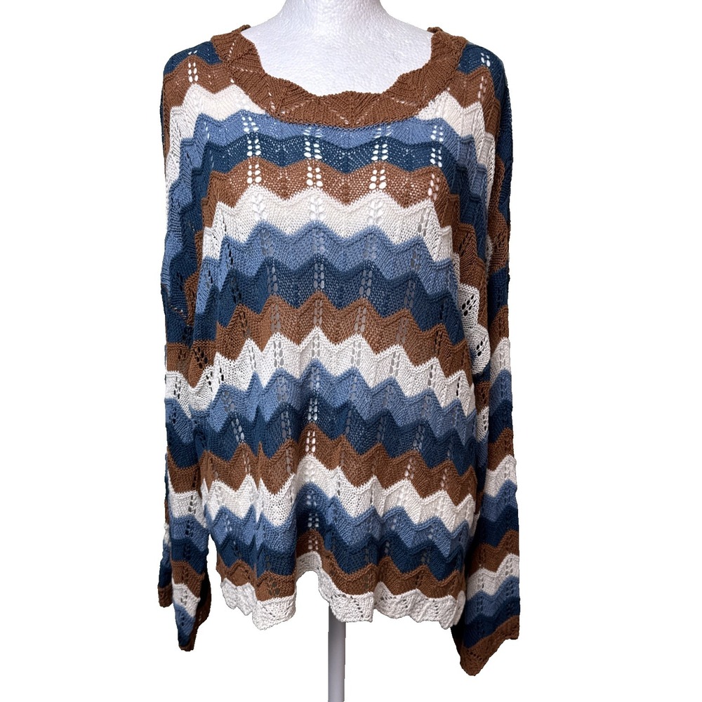 Allison‎ NY Crochet Knit Chevron Sweater NWT Blue Brown Boho Slouchy M